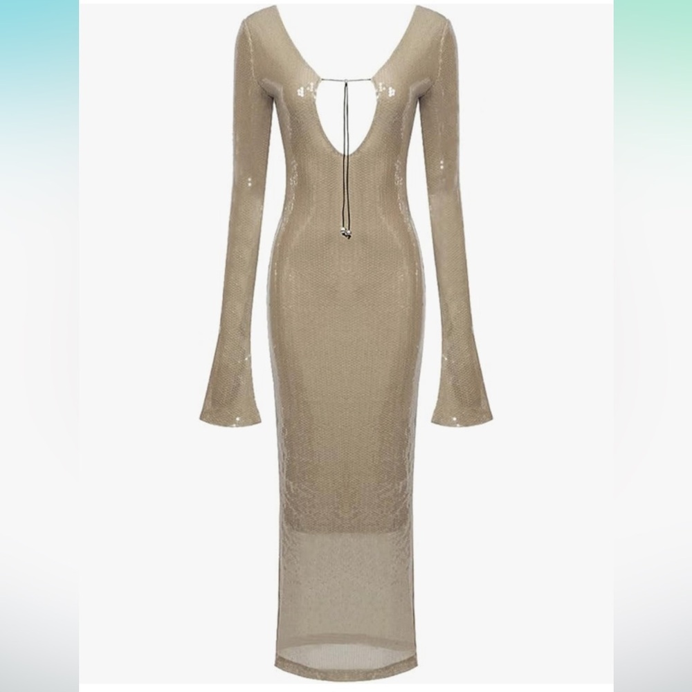 Chic Beige Long Sleeve Midi Dress